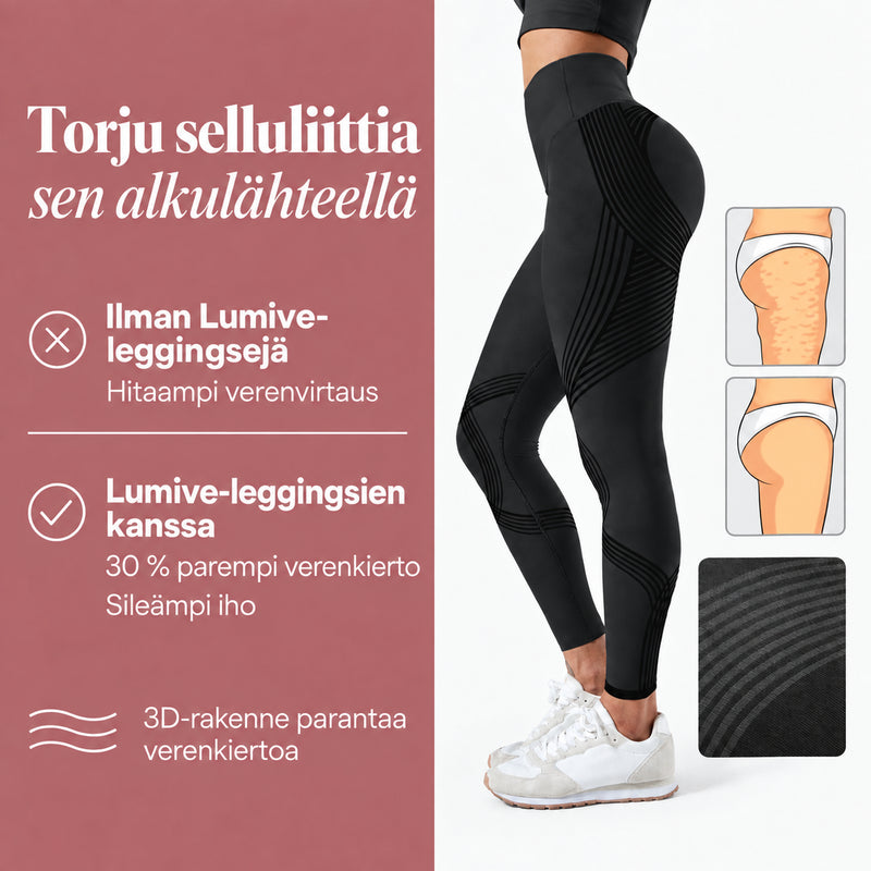 Mustat LUMIVE-leggingsit ja 3D-rakenteen vertailu