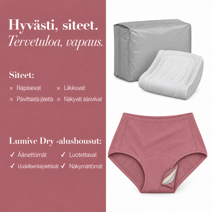 Uudelleenkäytettävät LUMIVE-alushousut verrattuna kertakäyttösuojiin